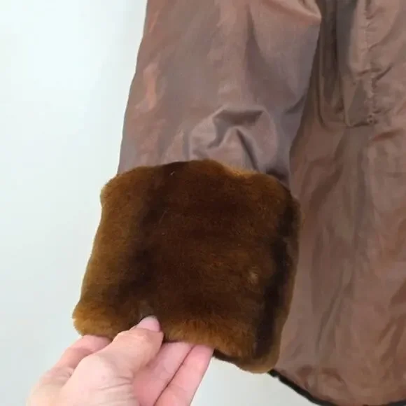 Dennis Basso Chocolate Brown Coat Large Faux Fur Hood Tafetta jacket - Picture 4 of 8